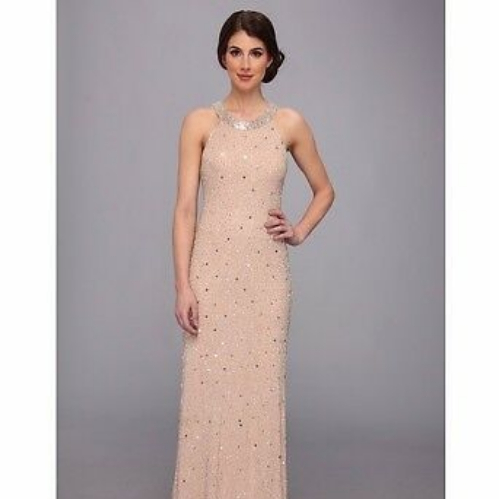 Adrianna Papell Beaded Illusion-Back Halter Gown